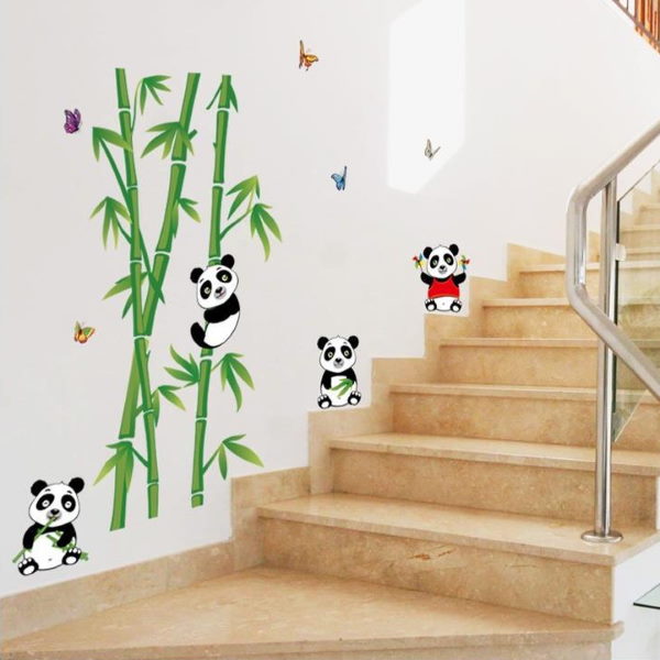 Sticker mural ours panda et cannes de bambou